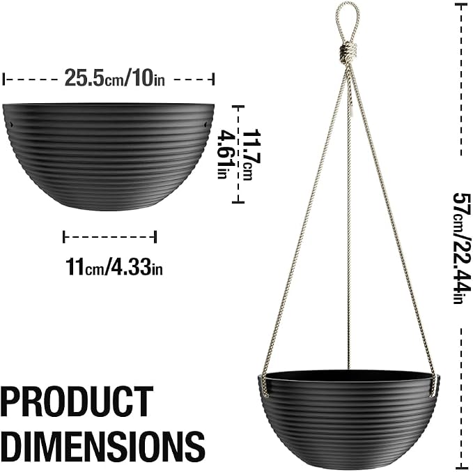 Asnext Line Pattern 10 Inch Hanging Planter for Indoor Outdoor Plants, 2 Pack Round Hanging Pots for Plants (Black)