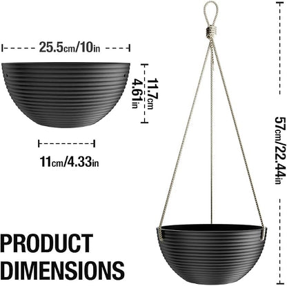 Asnext Line Pattern 10 Inch Hanging Planter for Indoor Outdoor Plants, 2 Pack Round Hanging Pots for Plants (Black)