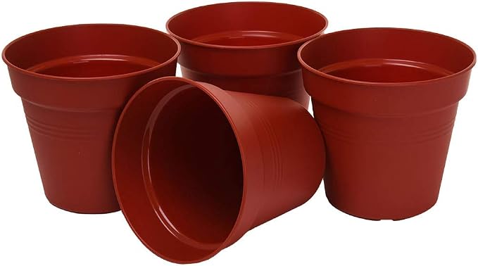 Mintra Garden Pots, 4 Pack Bulk Plastic Plant Pots with Drainage Tray, Round Indoor & Outdoor Decorative Planters with Drain Holes for Flowers, Herbs & Plants, 11cm Diameter – Burgundy, 4.3 in