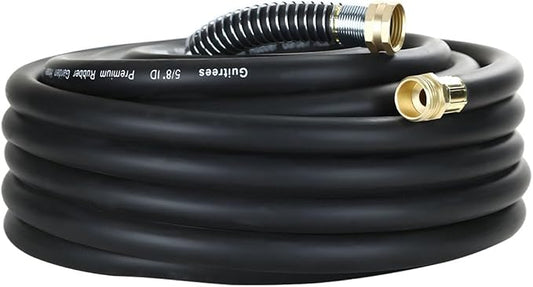 Guitrees 25FT 5/8 Heavy Duty Rubber Garden Hose - 300psi Working, 1000psi Burst - Hot/Cold Water - Five-Layered Braiding for Durability - Versatile for Gardening, Agriculture, Construction(Black)