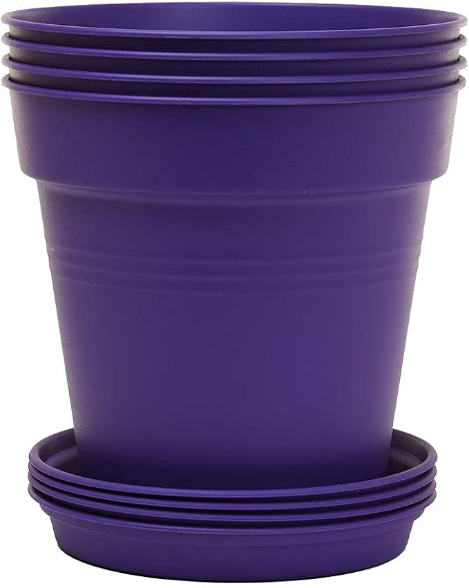 Mintra Garden Pots, 4 Pack Bulk Plastic Plant Pots with Drainage Tray, Round Indoor & Outdoor Decorative Planters with Drain Holes for Flowers, Herbs & Plants, 19cm Diameter – Purple, 7.5 in