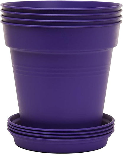 Mintra Garden Pots, 4 Pack Bulk Plastic Plant Pots with Drainage Tray, Round Indoor & Outdoor Decorative Planters with Drain Holes for Flowers, Herbs & Plants, 19cm Diameter – Purple, 7.5 in