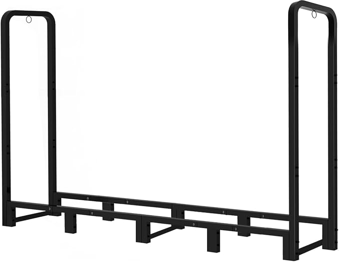 8ft Outdoor Firewood Rack, Upgraded Heavy Duty Logs Stand Stacker Holder for Fireplace - Metal Lumber Storage Carrier Organizer, Bright Black