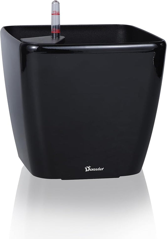 Dexceder 11x10 Self Watering Planter (Black High Gloss) | Inner Mat Design, Thickened Table Flower Plant Pot with Water Level Indicator Indoor Outdoor