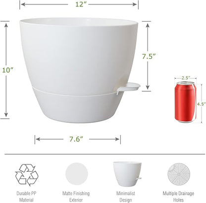 UOUZ 12inch Self Watering Pots, Plastic Planters with Mesh Drainage Holes and Deep Reservoir for Indoor Outdoor Garden Plants and Flowers, White