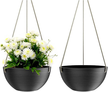 Asnext Line Pattern 10 Inch Hanging Planter for Indoor Outdoor Plants, 2 Pack Round Hanging Pots for Plants (Black)