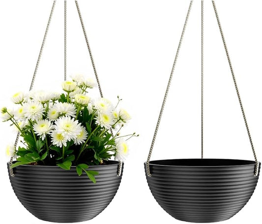Asnext Line Pattern 10 Inch Hanging Planter for Indoor Outdoor Plants, 2 Pack Round Hanging Pots for Plants (Black)