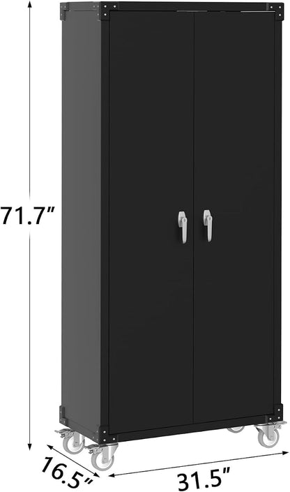Metal Garage Storage Cabinet with Doors and Wheels, 72" High Lockable Storage Cabinet with 4 Adjustable Shelves and Pegboard, for Garage Workshop Home Office