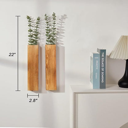 2-Pack Wood Wall Planters with 4 Removable Faux Eucalyptus Stems - Modern Farmhouse Wall Decor for Living Room, Bedroom, Bathroom - Wooden Wall Vases and Fake Eucalyptus for Home Office Decor