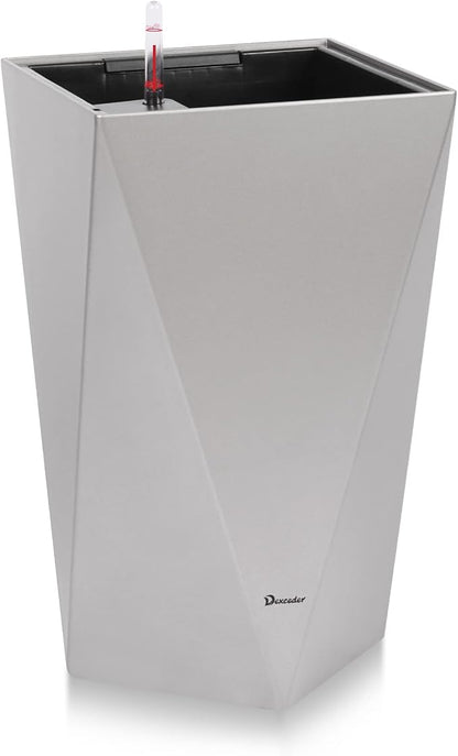 Dexceder 20 Inches Self Watering Tall Planter (Gray) | Diamond Metallic Matte, Thickened Rhombus Large Floor Standing Flower Plant Pot with Water Level Indicator Indoor Outdoor