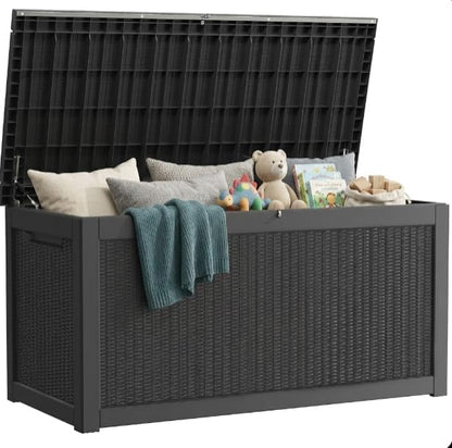 Outdoor Storage Box, 320 Gallon Lockable Resin Deck Box Large Waterproof, Patio Storage Bin for Furniture Cushion, Garden Tools and Pool Accessories, UV-Resistant Bench for Outside, Black