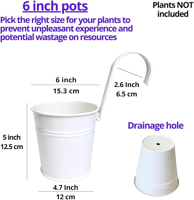 LaLaGreen Round Rail Planter (6 in, 12 Pack) White Metal Iron Flower Pots | Patio rail planters for balcony, apartment, porch, deck, over rail, outdoor plants, flower boxes, plant hangers