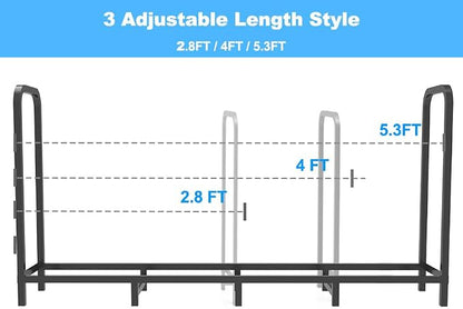 5.3ft Firewood Rack Holder, Adjustable Heavy Duty Fire Log Stacker Stand for Fireplace, Outdoor Indoor Metal Wood Pile Storage Organizer, Patio Logs Stand tool, Black