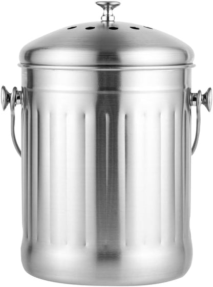 Restaurantware RW Clean 1.3 Gallon Countertop Food Waste Bin 1 Compact Food Waste Container - Avoids Rusting Airtight Lid Stainless Steel 201 Countertop Compost Bin Charcoal Filter