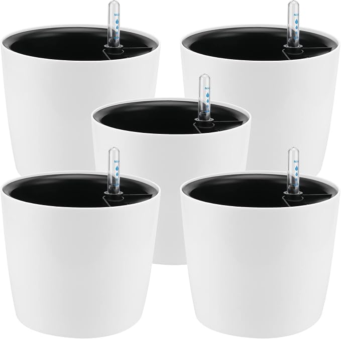 5 Pack 7 Inch Self Watering Planter for Indoor Plants, White Decorative Round Plastic Self Watering Pots with Level Indicators for Soil Planting, Flowers, Herb, African Violet, Succulent