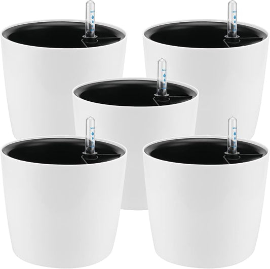 5 Pack 7 Inch Self Watering Planter for Indoor Plants, White Decorative Round Plastic Self Watering Pots with Level Indicators for Soil Planting, Flowers, Herb, African Violet, Succulent