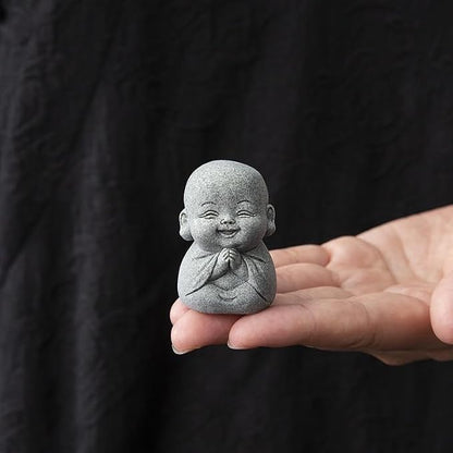 4PCS Laughing Buddha Statue for Good Luck & Feng Shui Decor – Cute Small Zen Monk Sandstone Sculpture for Home, Office, Desk, Aquarium Decor (Four no Zen Statue)