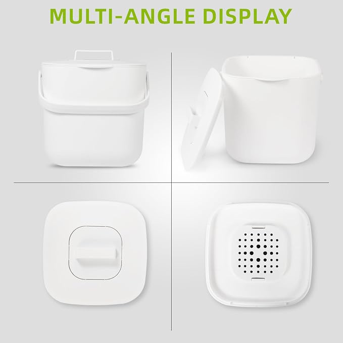 1.85 GAL/7L Kitchen Pail with Handle, Countertop Kitchen Bin, Odor-Tight Indoor Can with Lid， ecocultivatify Compost Bin, Good Helper for Bokashi & Worm Composting (White)