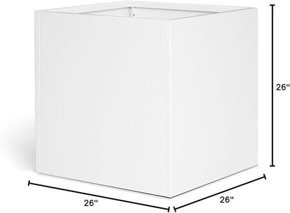 White Steel Planter Square Outdoor Planters Galvanized Steel Planter Box 26 Inch Indoor Metal Large Planters Cube Heavy Duty Planter Modern Commercial Residential for Trees Patio Yard Garden