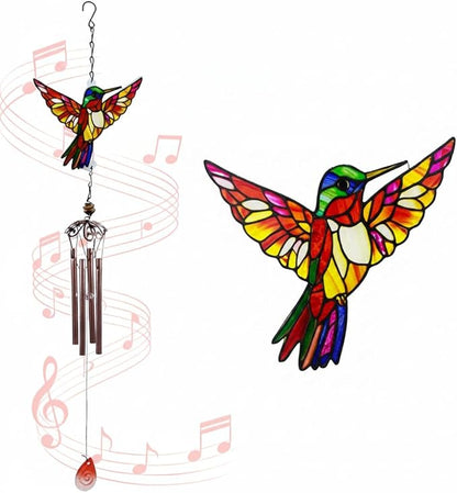 Wind Chimes for Outside, Amber Stained Glass Hummingbird Wind Chime, Deep Tone Memorial Gifts for Women Mom Grandma, Durable Metal Garden Patio Yard Window Decoration