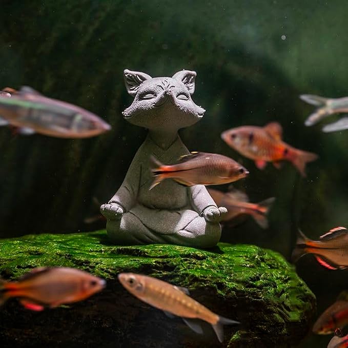 livelyfish Meditating Fox Buddha Statue Aquarium Zen Yoga Animal Figurines Sandstone Sculpture for Fish Tank Garden Tabletop Decor, L1