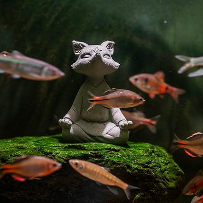 livelyfish Meditating Fox Buddha Statue Aquarium Zen Yoga Animal Figurines Sandstone Sculpture for Fish Tank Garden Tabletop Decor, L1