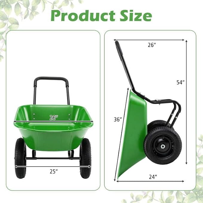 ERGOMASTER Dual-Wheel Wheelbarrow, Home Utility Garden Cart, Large Heavy Duty Yard Cart for Gardening (Bright Green)