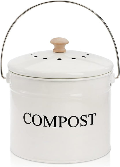 AVLA Compost Bin Kitchen Countertop, 1 Gallon Composter Pail, Food Waste Composting Bucket, Odorless Trash Keeper Container, White Scraps Caddy with Charcoal Filter, Carrying Handle, Lid