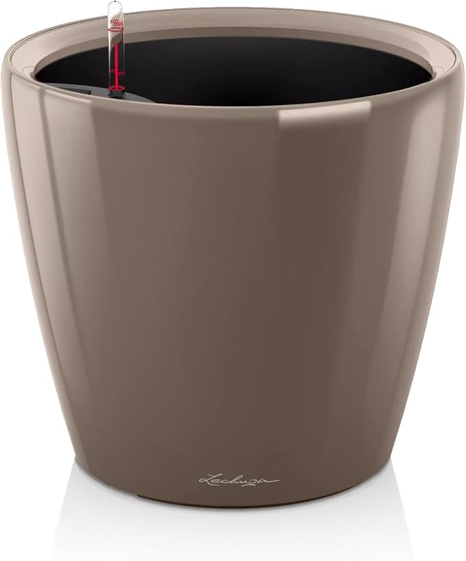 Lechuza Classico LS 21 Shiny Taupe High Gloss, Self-Watering Round Planter, D8.3 H7.9 in