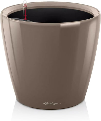 Lechuza Classico LS 35 Shiny Taupe High Gloss, Self-Watering Round Planter, D13.8 H13 in