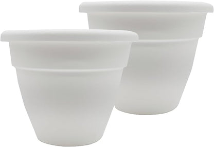 The HC Companies 12 Inch Caribbean Planter Pots with Drainage & Plug, Rolled Rim Plastic Planters for Indoor & Outdoor Plants, 2-Pack Decorative Flower Pots for Garden, Office & Home Decor, White
