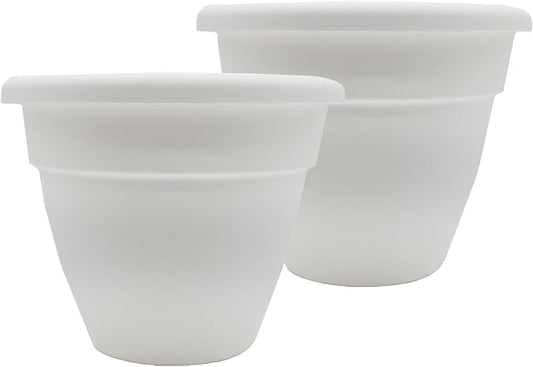 The HC Companies 12 Inch Caribbean Planter Pots with Drainage & Plug, Rolled Rim Plastic Planters for Indoor & Outdoor Plants, 2-Pack Decorative Flower Pots for Garden, Office & Home Decor, White