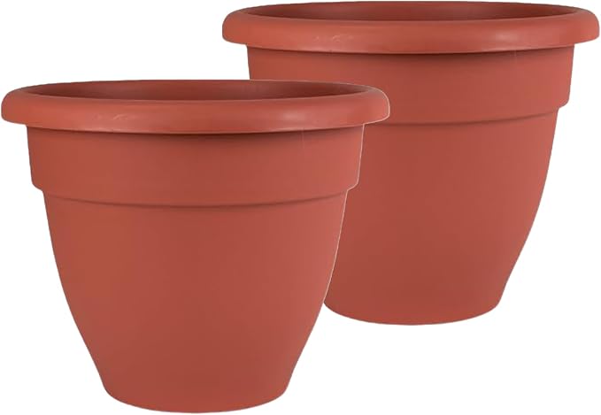The HC Companies 16 Inch Caribbean Planter Pots with Drainage & Plug, Rolled Rim Plastic Planters for Indoor & Outdoor Plants, 2-Pack Decorative Flower Pots for Garden, Office & Home Decor, Clay