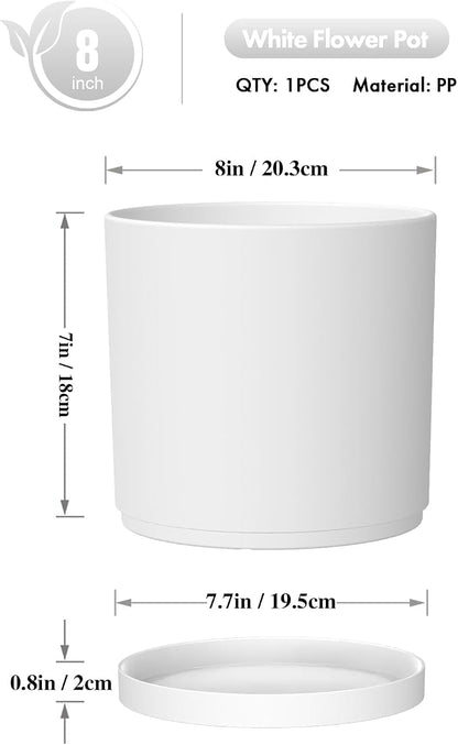WSMKSZ 8 Inch Cylinder Plant Pots for Indoor Outdoor Plants, Medium Deep Flower Pots with Drainage Holes & Saucer, Decorative Plastic Planter Pots for Garden House Plants, White