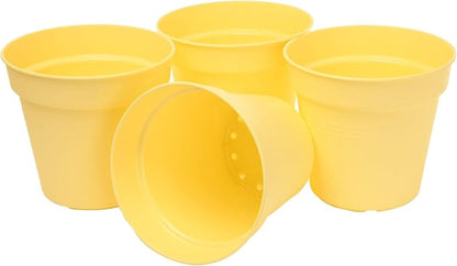 Mintra Garden Pots, 4 Pack Bulk Plastic Plant Pots with Drainage Tray, Round Indoor & Outdoor Decorative Planters with Drain Holes for Flowers, Herbs & Plants, 17cm Diameter – Yellow, 6.6 in