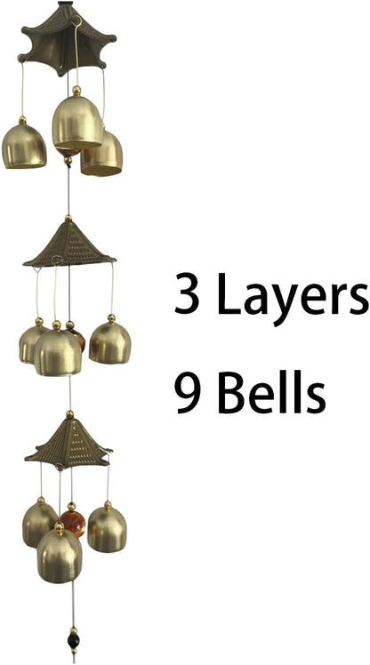 Auspicious Peacock with Energy Bead Wind Chimes Represents Lucky&Happy Life Copper Alloy 3 Layers+9 Bells for Outdoor Decorations Garden Yard Trees Or As A Good Gift