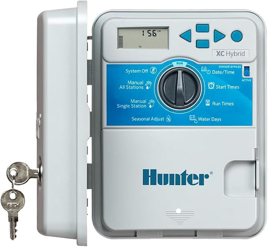 Hunter XC Hybrid Sprinkler Timer, 6-Zone Battery Irrigation Controller | Indoor/outdoor 6-zone battery irrigation controller with manual controls, waterproof cabinet, and no WiFi needed