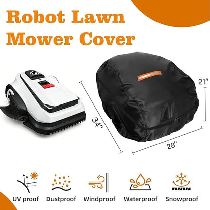 Saking Robot Lawn Mower Cover Waterproof, 500D Heavy Duty Wire Free Automatic Robotic Lawnmower Protective Cover, Smart Mowing Machine Cover with Drawstring & Buckles, 34x28x21 in, Black