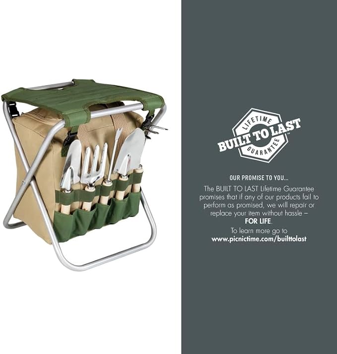 PICNIC TIME Disney Mickey Mouse Gardener Folding Seat with Tools, Folding Garden Stool with Detachable Tote and Hand Tool Set Organizer, Portable Gardening Chair, (Olive Green with Beige Accents)