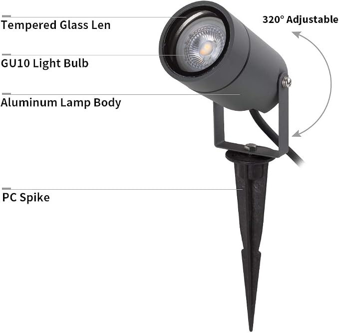 DAWALIGHT Outdoor Spot Light, Landscape Lighting 6W Spotlight for Yard, Replaceable GU10 Bulb 110V 3000K IP65 Waterproof, Aluminum, 5ft Cable Garden Patio Driveway House,Dark Grey