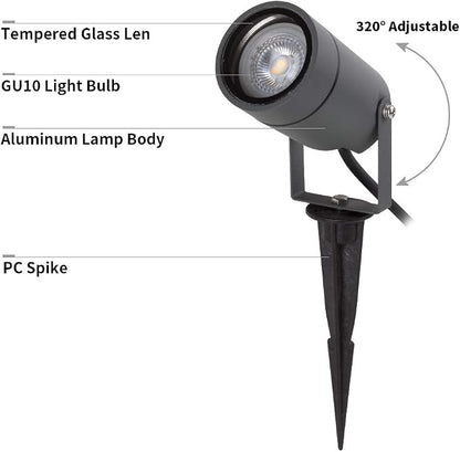 DAWALIGHT Outdoor Spot Light, Landscape Lighting 6W Spotlight for Yard, Replaceable GU10 Bulb 110V 3000K IP65 Waterproof, Aluminum, 5ft Cable Garden Patio Driveway House,Dark Grey