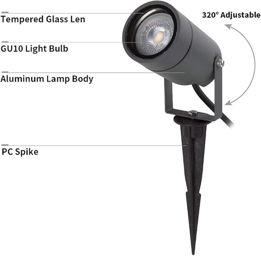 DAWALIGHT Outdoor Spot Light, Landscape Lighting 6W Spotlight for Yard, Replaceable GU10 Bulb 110V 3000K IP65 Waterproof, Aluminum, 5ft Cable Garden Patio Driveway House,Dark Grey
