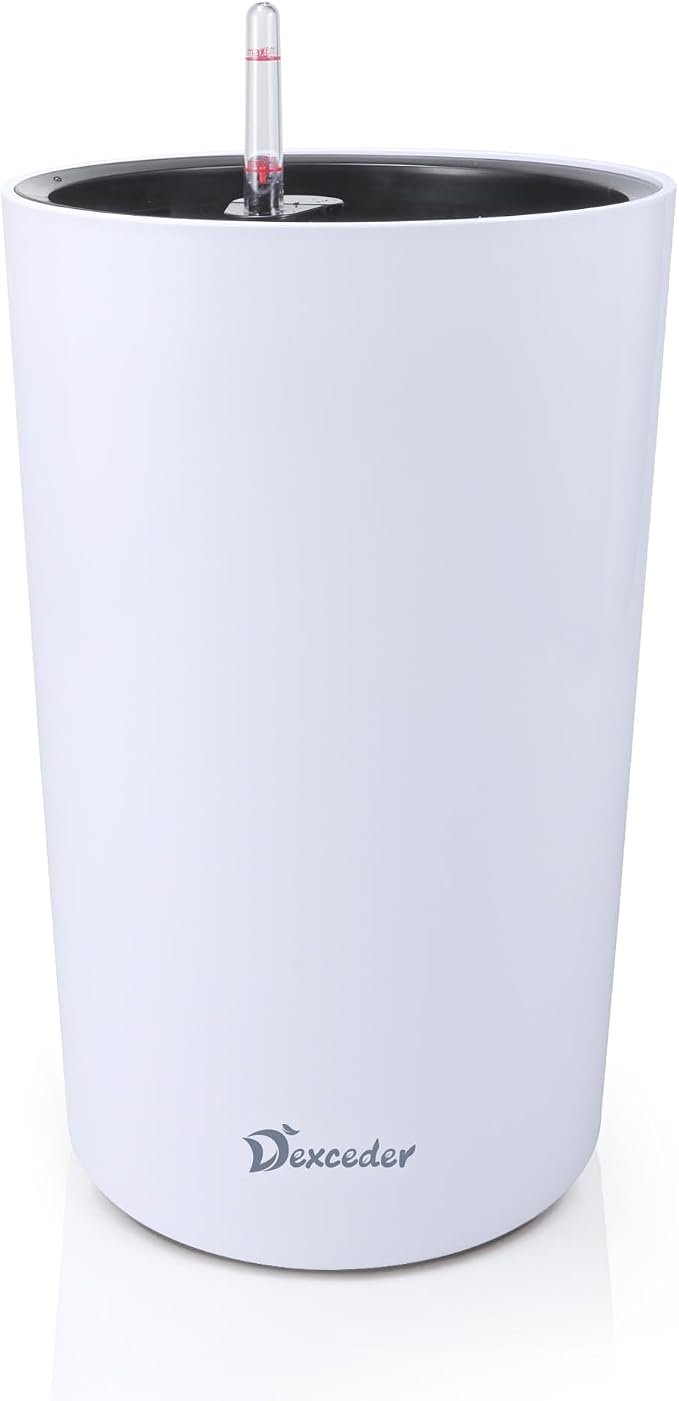 Dexceder 16x12 Self Watering Tall Planter (White Matte) | High Cylinder, Thickened Large Floor Standing Flower Plant Pot with Water Level Indicator Indoor Outdoor