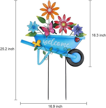 YEAHOME Garden Decor for Outside, 25” Decorative Garden Stakes Metal Wheelbarrow with Flowers for Spring Decor, Butterfly Cart Welcome Yard Signs for Outdoor Lawn Backyard Porch Pathway Decorations