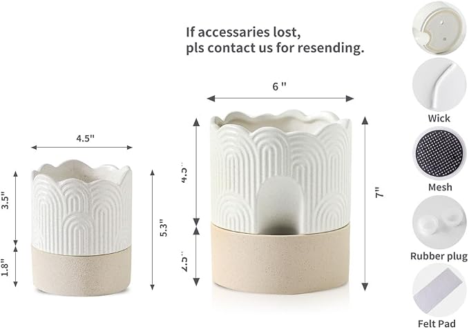 Nihow Ceramic Self Watering Pots for Indoor Plants, 4.5+6 Inch,Beige Set 2 | Visible Water Level Fill Port,Planter with Cotton Wick,Water Storage Plus, Cylinder Round Flower Pot, Succulent/Herbs/Violets