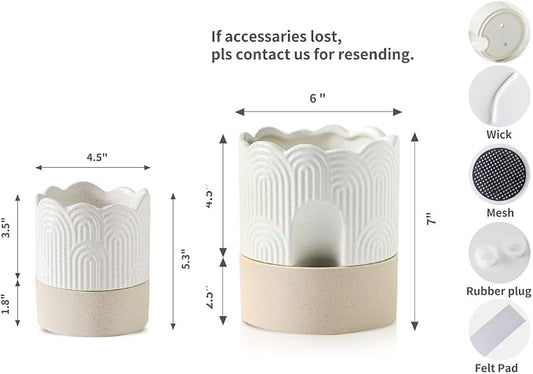 Nihow Ceramic Self Watering Pots for Indoor Plants, 4.5+6 Inch,Beige Set 2 | Visible Water Level Fill Port,Planter with Cotton Wick,Water Storage Plus, Cylinder Round Flower Pot, Succulent/Herbs/Violets