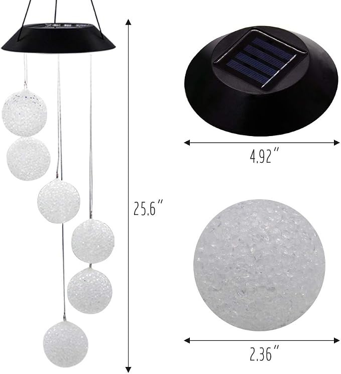 MorTime LED Solar Crystal Ball Wind Chime, 25" Mobile Hanging Wind Chime for Home Garden Decoration, Automatic Light Changing Color