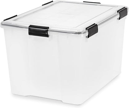 IRIS USA WeatherPro Storage Bins with Lids, 74 Qt, Gasket Seal, 2 Pack | BPA-free gasket seal keeps clothing, documents, pet food, tools, and camping gear protected from dust and moisture.