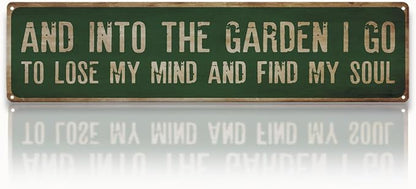 Garden Metal Tin Sign, Rustic Farmhouse Decor, And Into the Garden I Go Sign, Inspirational Gardening Quote Wall Art, for Yard Fence Door Porch, Vintage Outdoor Gardens Decoration, 15.7 x 3.9 Inches