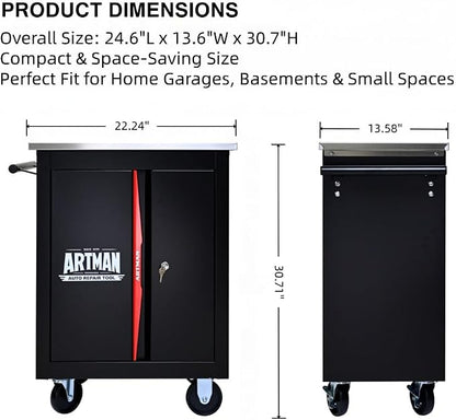Heavy Duty Tool Chest, Lockable Stainless Top, Black&Red | Double-Door Mobile Tool Cabinet on Wheels for Garage Workshop and Storage